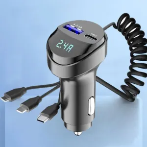 55W 2-Port USB Car Phone Charger 3.1A with Voltage Display Three-In-One USB Retractable Charging Cable