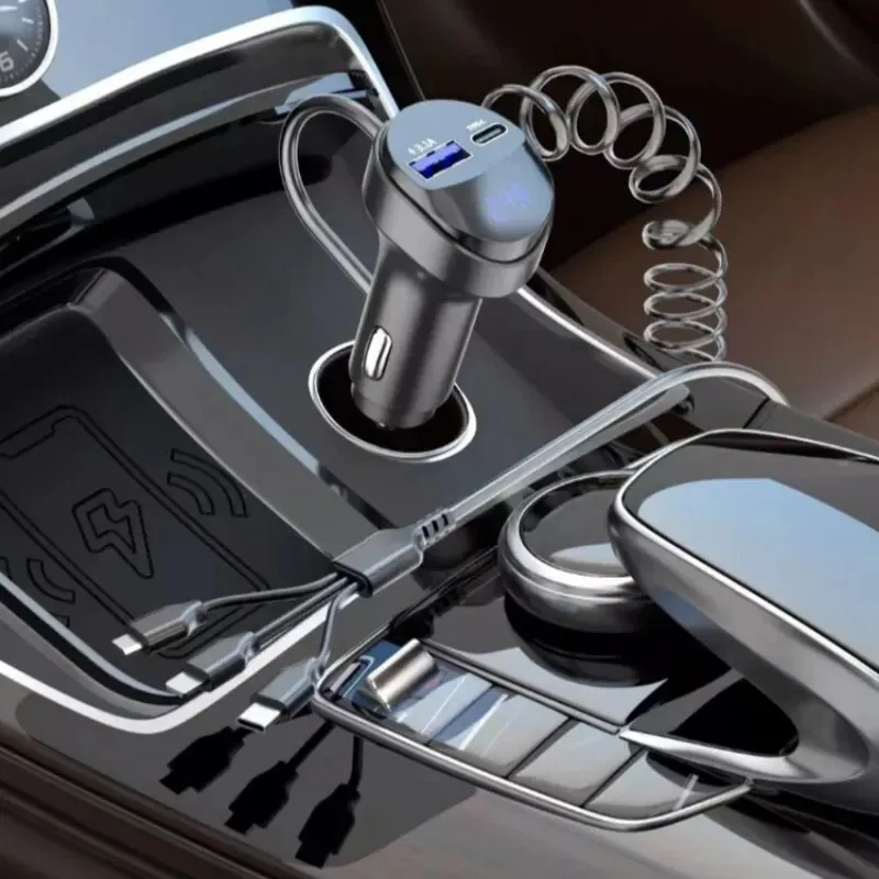 55W 2-Port USB Car Phone Charger 3.1A with Voltage Display Three-In-One USB Retractable Charging Cable