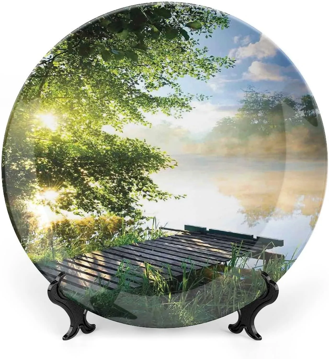 6 Inch Decorative Plate, Art Ceramic Stoneware, Fishing Pier by River on Morning Light with Clouds Trees Nature Print Ceramic Wall Hanging for Home & Office Wall Hanging Decor, Green Blue White