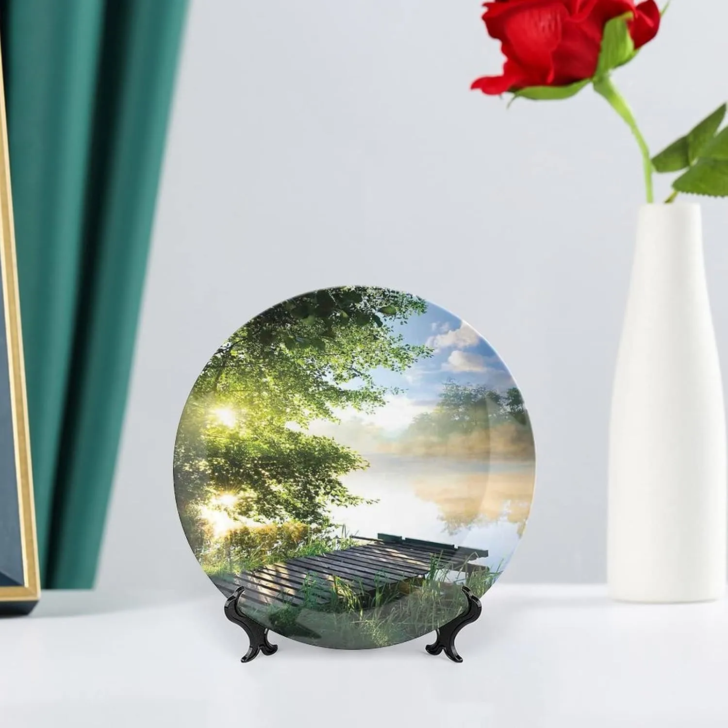 6 Inch Decorative Plate, Art Ceramic Stoneware, Fishing Pier by River on Morning Light with Clouds Trees Nature Print Ceramic Wall Hanging for Home & Office Wall Hanging Decor, Green Blue White
