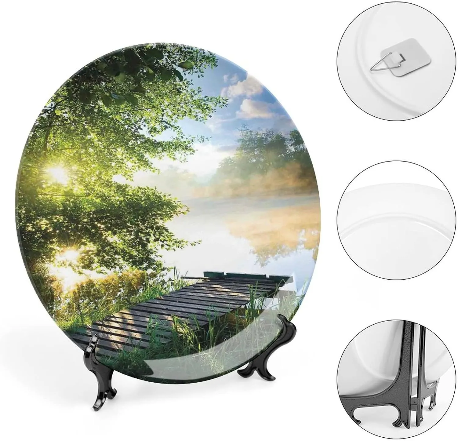 6 Inch Decorative Plate, Art Ceramic Stoneware, Fishing Pier by River on Morning Light with Clouds Trees Nature Print Ceramic Wall Hanging for Home & Office Wall Hanging Decor, Green Blue White