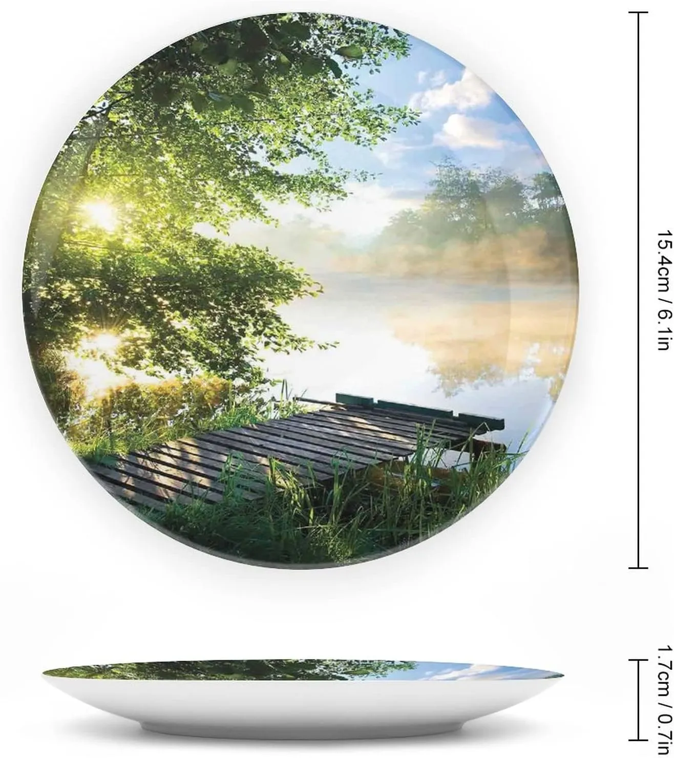6 Inch Decorative Plate, Art Ceramic Stoneware, Fishing Pier by River on Morning Light with Clouds Trees Nature Print Ceramic Wall Hanging for Home & Office Wall Hanging Decor, Green Blue White