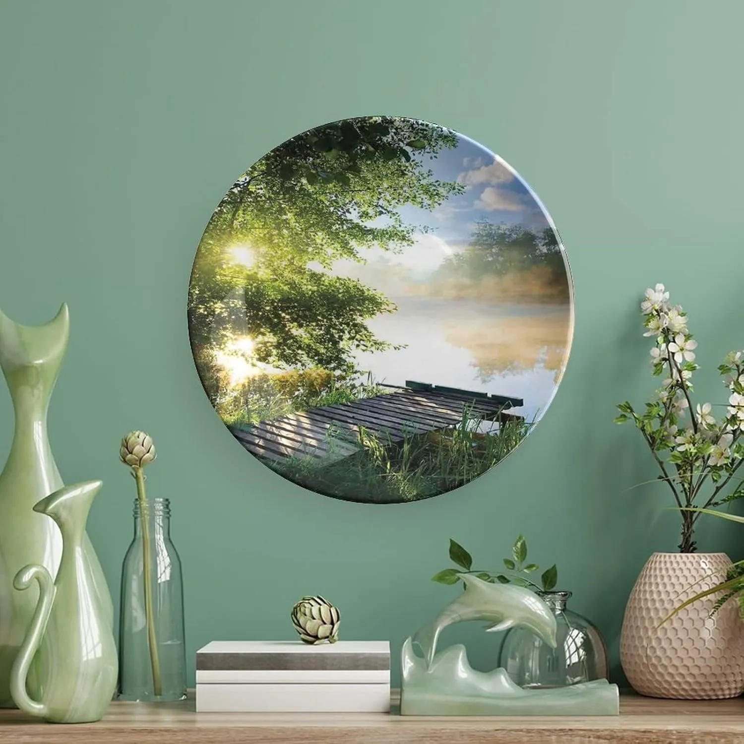 6 Inch Decorative Plate, Art Ceramic Stoneware, Fishing Pier by River on Morning Light with Clouds Trees Nature Print Ceramic Wall Hanging for Home & Office Wall Hanging Decor, Green Blue White