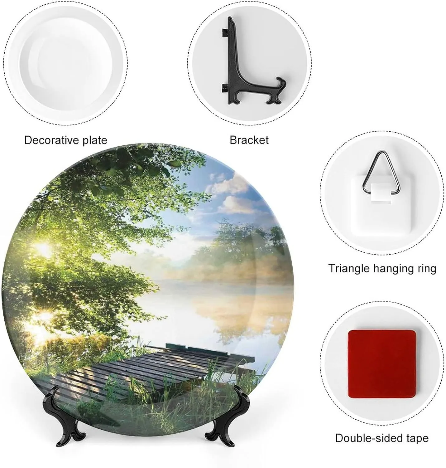 6 Inch Decorative Plate, Art Ceramic Stoneware, Fishing Pier by River on Morning Light with Clouds Trees Nature Print Ceramic Wall Hanging for Home & Office Wall Hanging Decor, Green Blue White
