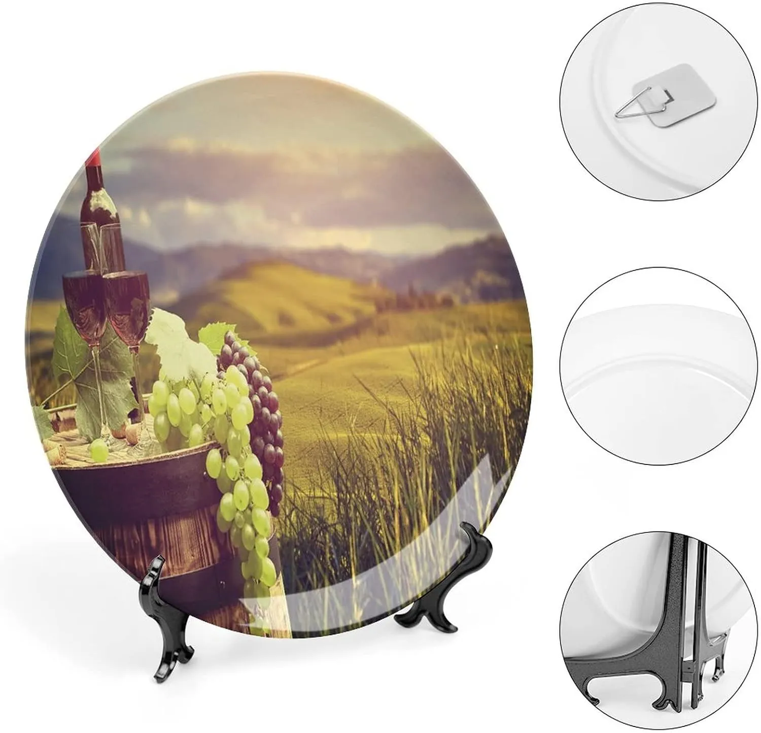 6 Inch Decorative Plate,Wine Tableware Plate, Italy Tuscany Landscape Rural Vineyard Autumn Harvest Print Ceramic Wall Hanging Decor Accessory for Dining Table Tabletop Home Decor, Green Black Brown