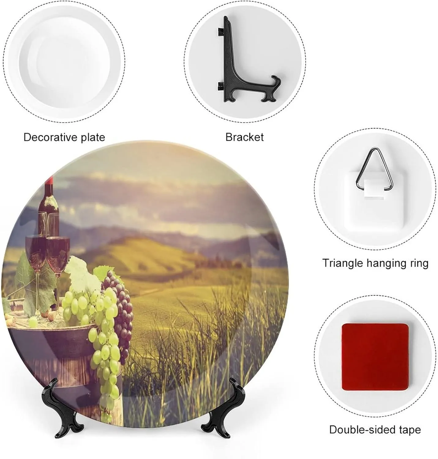 6 Inch Decorative Plate,Wine Tableware Plate, Italy Tuscany Landscape Rural Vineyard Autumn Harvest Print Ceramic Wall Hanging Decor Accessory for Dining Table Tabletop Home Decor, Green Black Brown