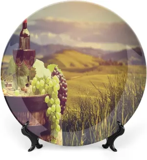 6 Inch Decorative Plate,Wine Tableware Plate, Italy Tuscany Landscape Rural Vineyard Autumn Harvest Print Ceramic Wall Hanging Decor Accessory for Dining Table Tabletop Home Decor, Green Black Brown