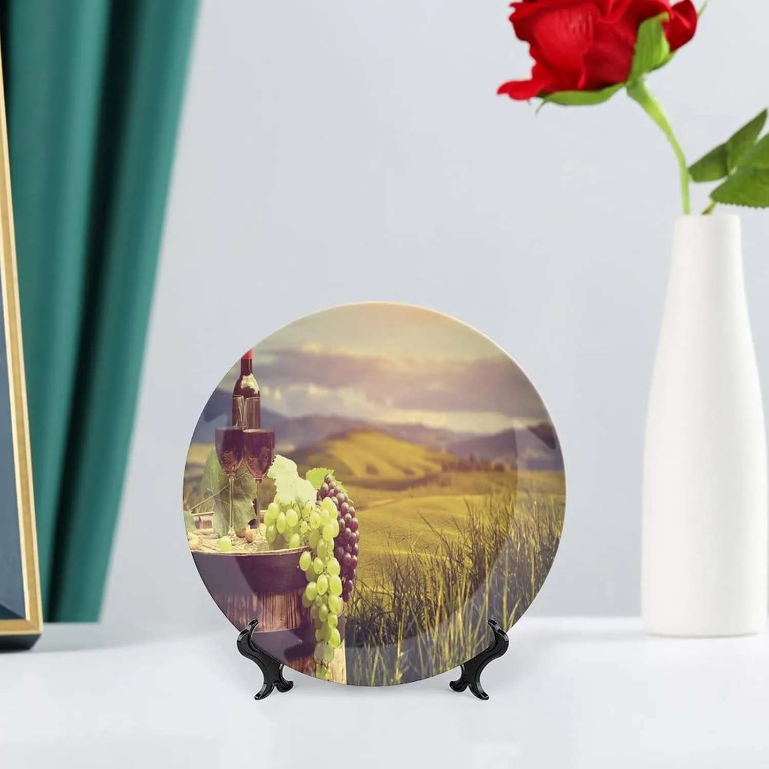 6 Inch Decorative Plate,Wine Tableware Plate, Italy Tuscany Landscape Rural Vineyard Autumn Harvest Print Ceramic Wall Hanging Decor Accessory for Dining Table Tabletop Home Decor, Green Black Brown