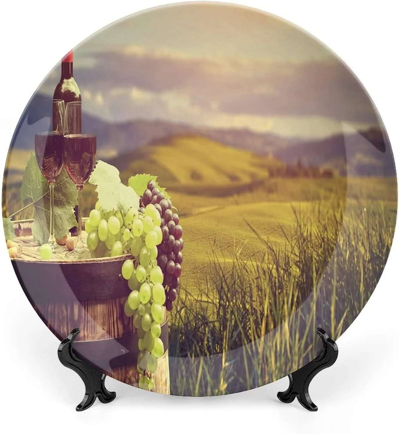 6 Inch Decorative Plate,Wine Tableware Plate, Italy Tuscany Landscape Rural Vineyard Autumn Harvest Print Ceramic Wall Hanging Decor Accessory for Dining Table Tabletop Home Decor, Green Black Brown