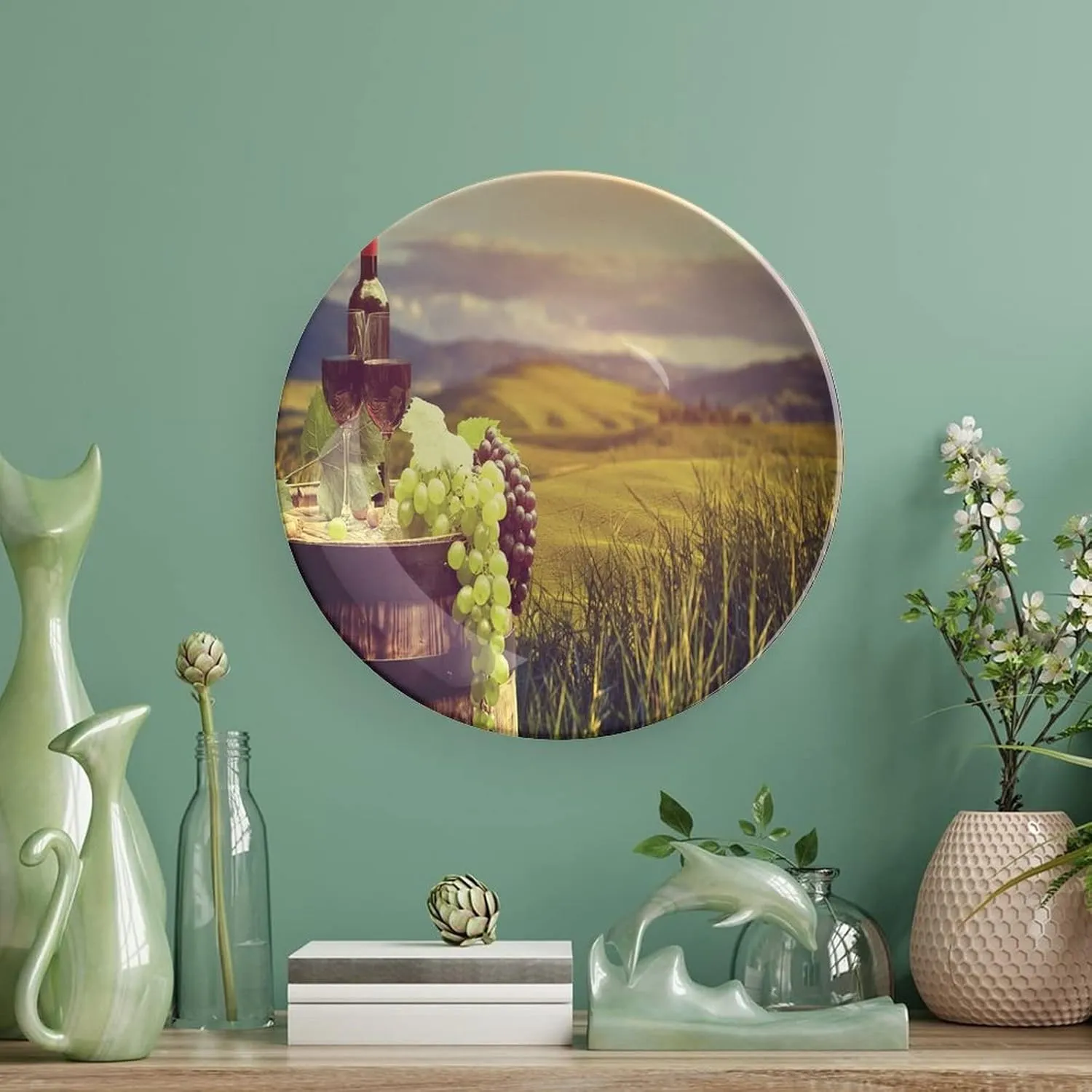 6 Inch Decorative Plate,Wine Tableware Plate, Italy Tuscany Landscape Rural Vineyard Autumn Harvest Print Ceramic Wall Hanging Decor Accessory for Dining Table Tabletop Home Decor, Green Black Brown