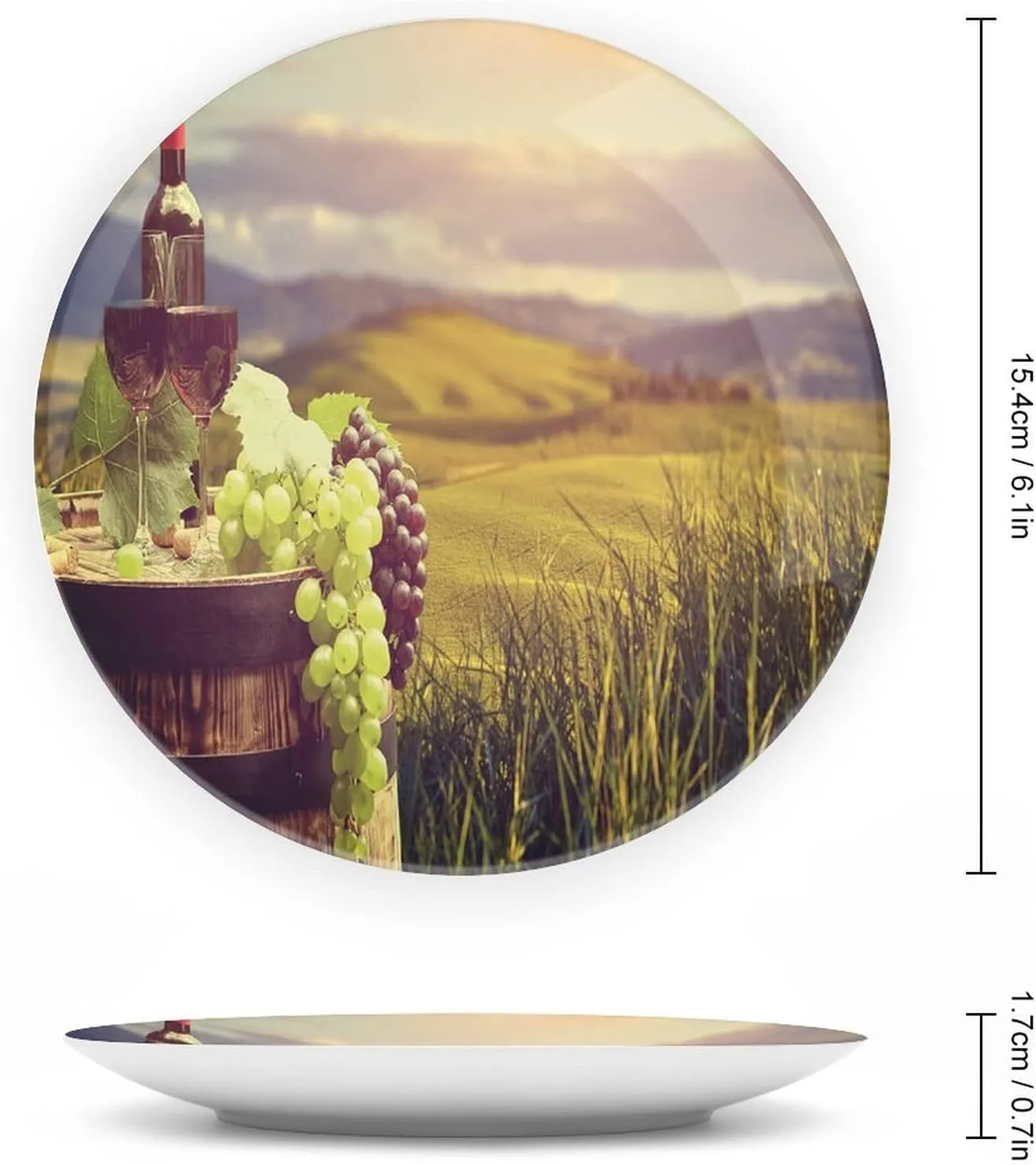 6 Inch Decorative Plate,Wine Tableware Plate, Italy Tuscany Landscape Rural Vineyard Autumn Harvest Print Ceramic Wall Hanging Decor Accessory for Dining Table Tabletop Home Decor, Green Black Brown