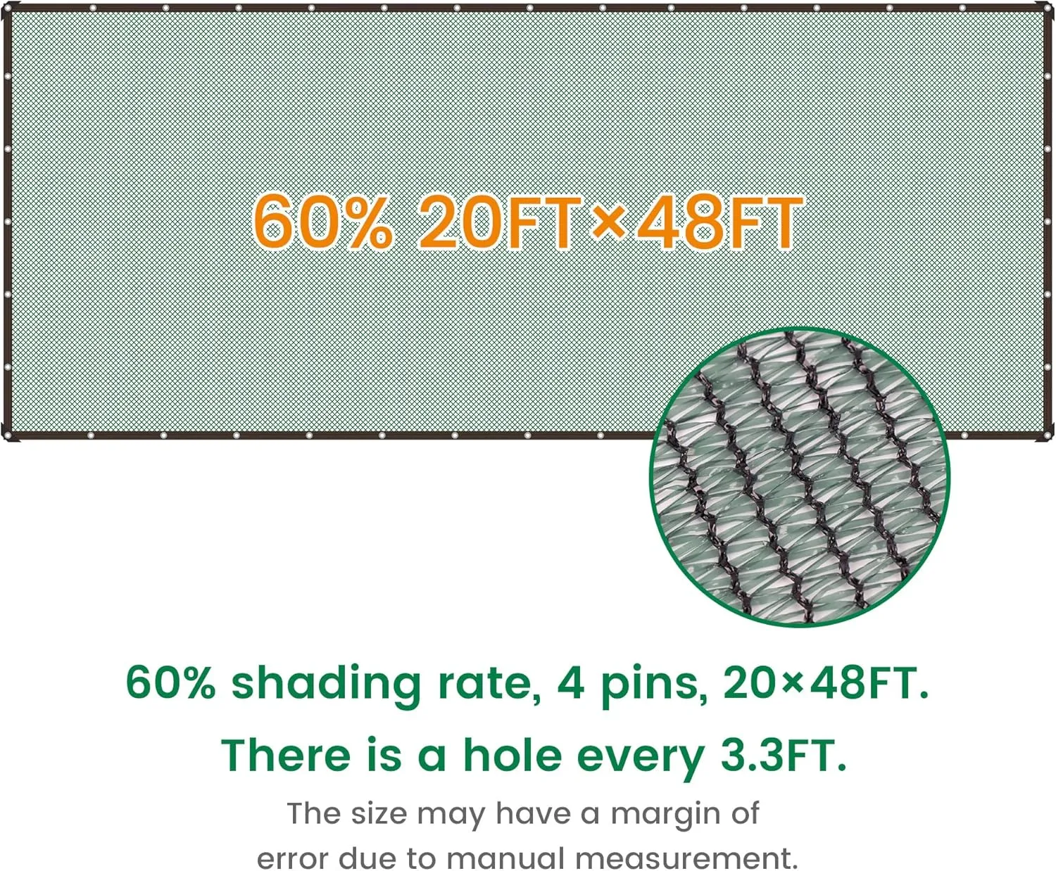 60% 20 X 48 FT Green Shade Cloth, Outdoor Woven Sun Shade with Grommets, Durable Breathable Netting Shading Antifreezing for Patio, Garden, DIY Home, Plants Cover, Greenhouse, Dog Kennel