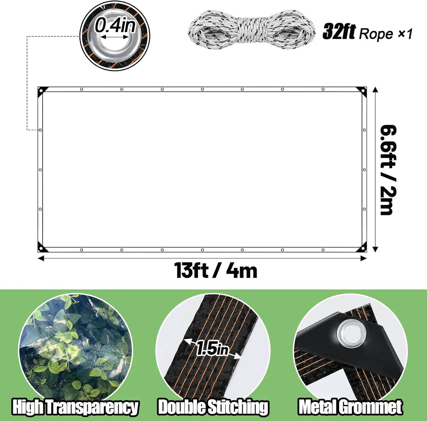 6.6 × 13 ft Thicken Clear Tarp Waterproof - 5 mil Anti-Tear Snowproof & Windproof Clear Plastic Tarps with Grommets PVC Tarp Tarpaulin for Winter Garden Patio Enclosure Chicken Coop Window Shield