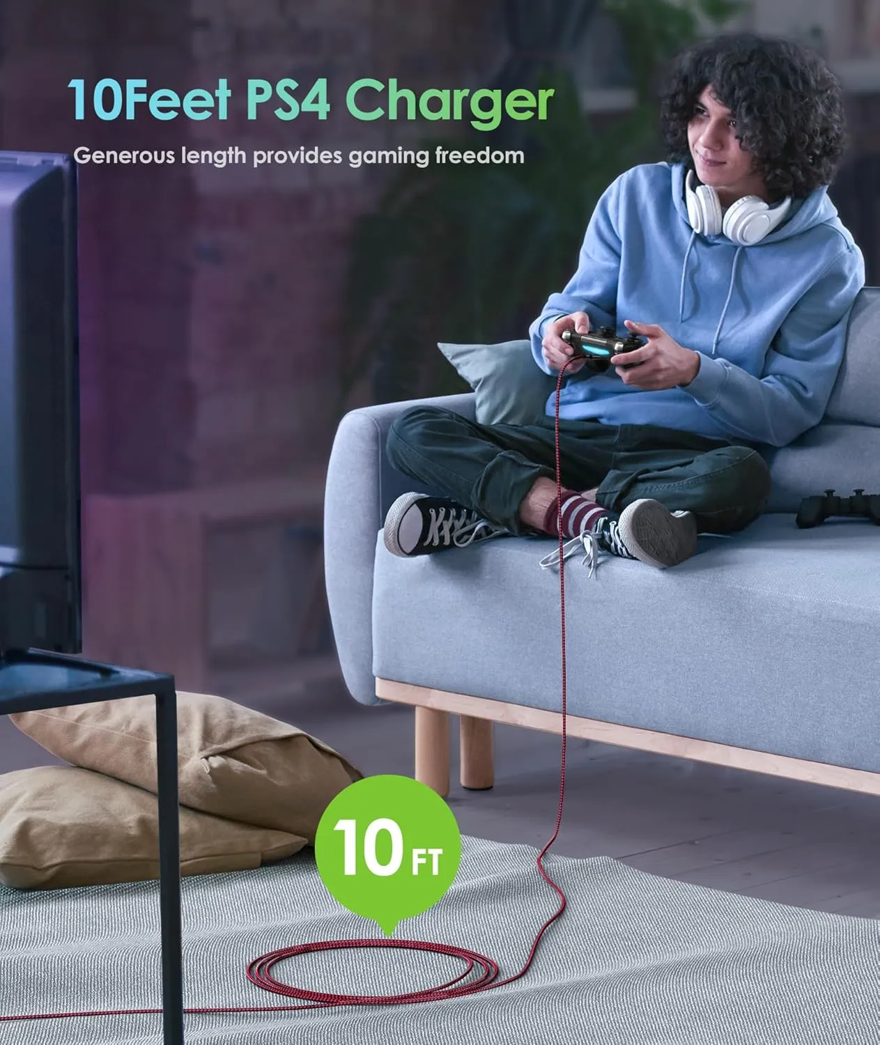 6amLifestyle PS4 Controller Charger Cable, 10ft Charging Cord 2 Pack for PlayStation 4, PS4 Slim/Pro, Dualshock 4, Xbox One/One X, Blue Red