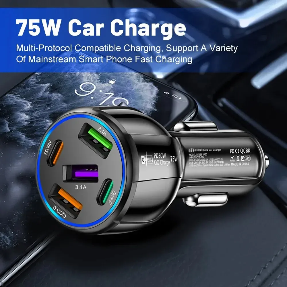 75W USB Car Charger - 5-Port Fast Charging Adapter