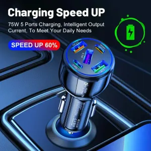 75W USB Car Charger - 5-Port Fast Charging Adapter