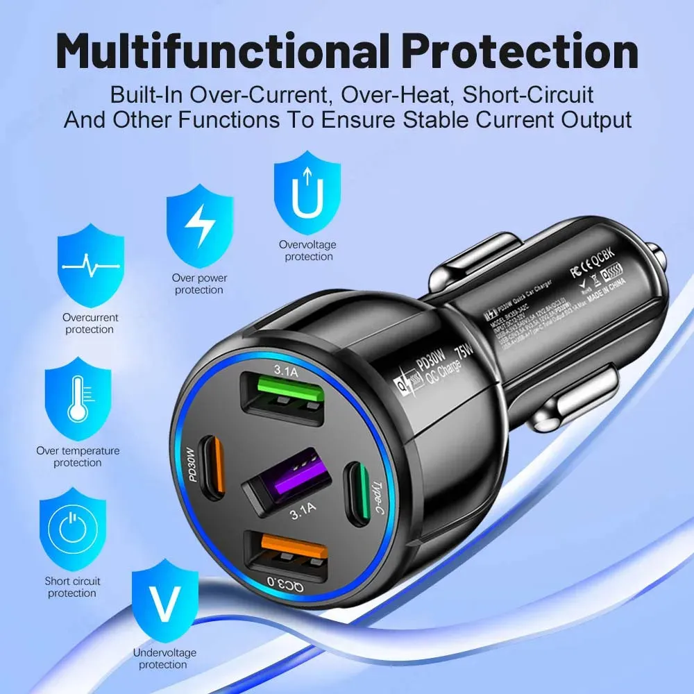 75W USB Car Charger - 5-Port Fast Charging Adapter