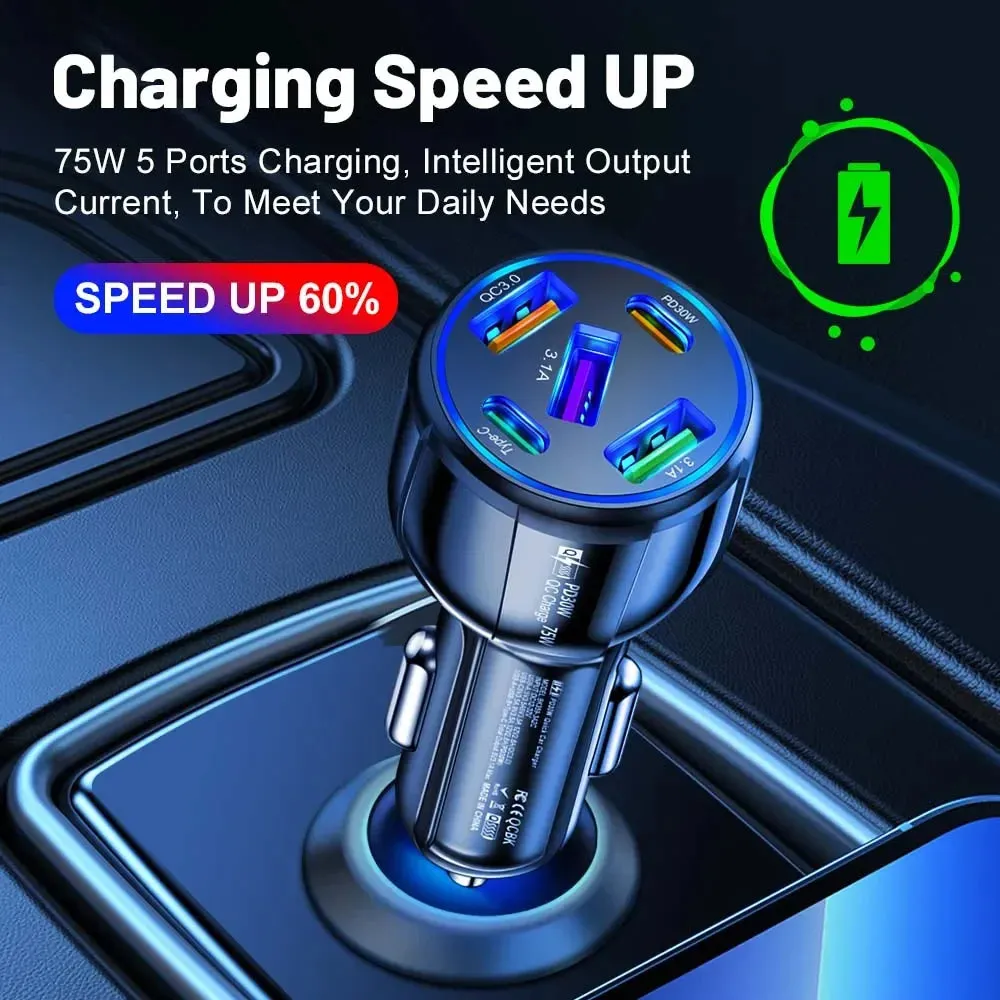 75W USB Car Charger - 5-Port Fast Charging Adapter