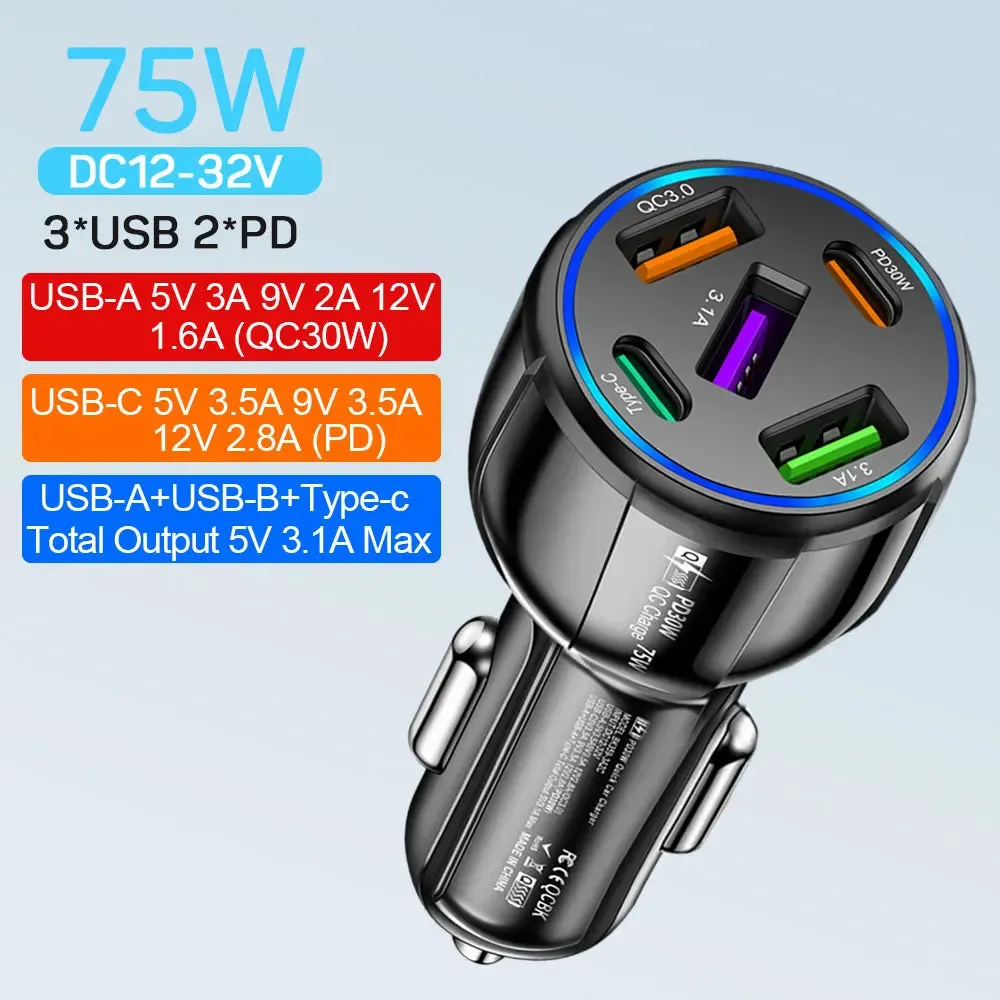 75W USB Car Charger - 5-Port Fast Charging Adapter