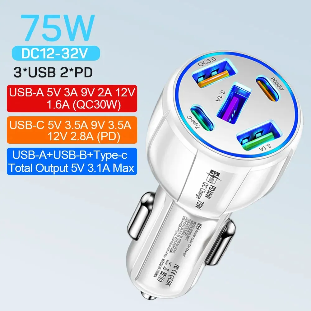 75W USB Car Charger - 5-Port Fast Charging Adapter