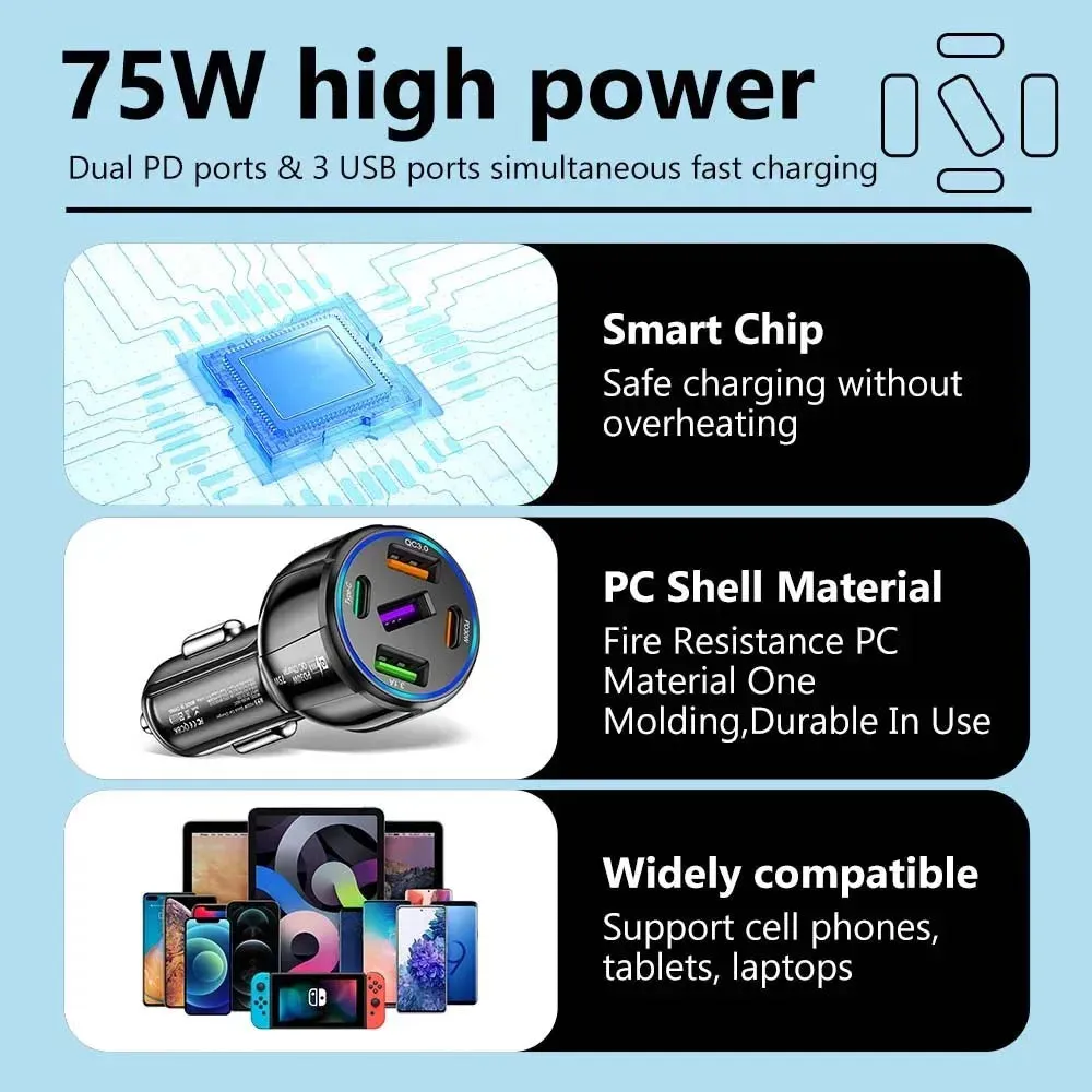 75W USB Car Charger - 5-Port Fast Charging Adapter