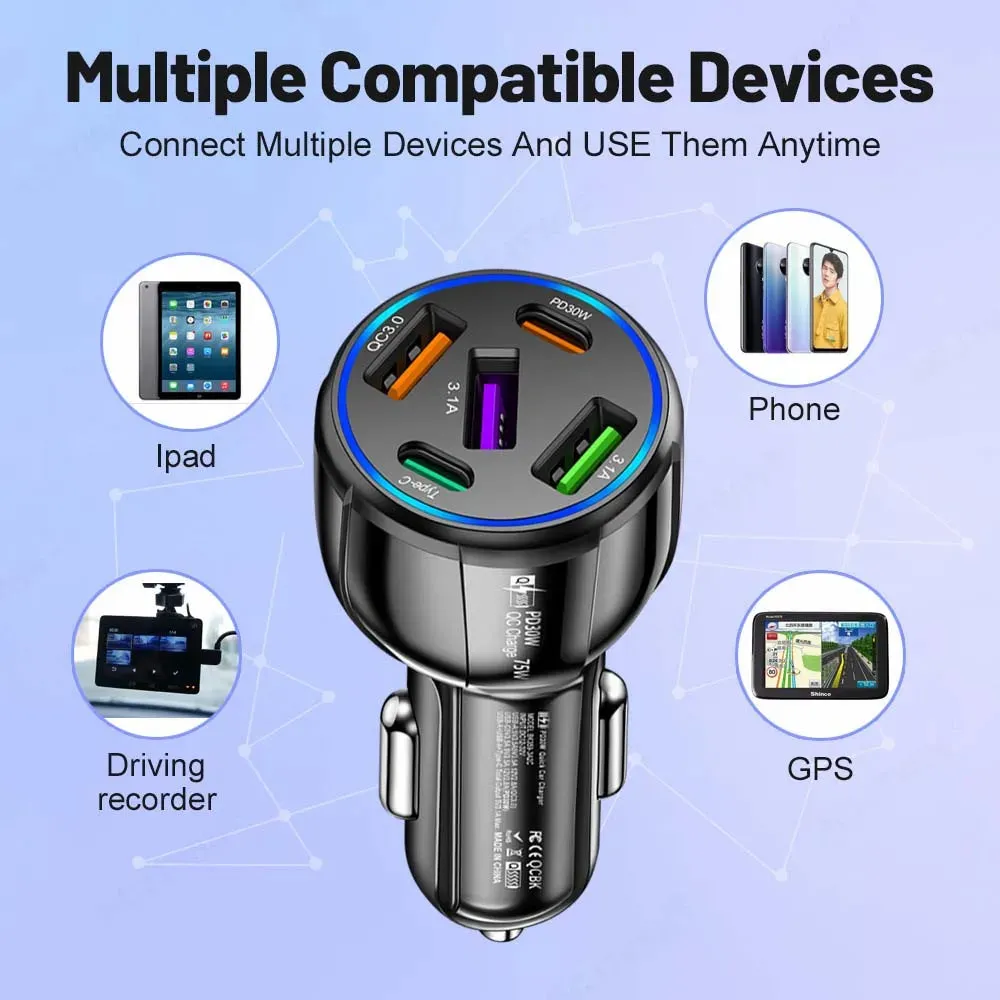 75W USB Car Charger - 5-Port Fast Charging Adapter