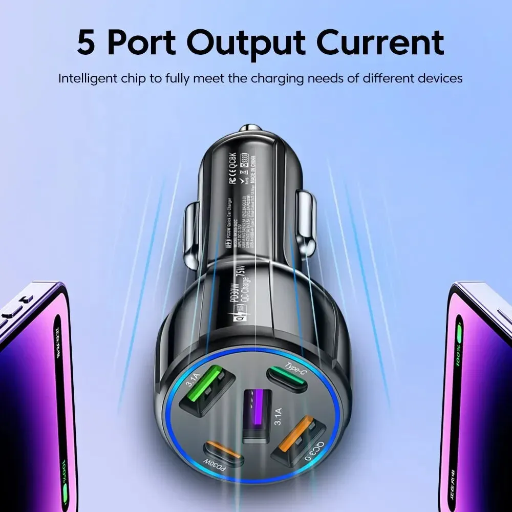 75W USB Car Charger - 5-Port Fast Charging Adapter