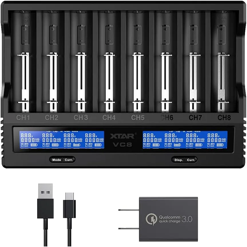 8 Bay18650 Battery Charger,XTAR VC8(VC4 VC4S) USB C 21700 Smart Speedy Charger for Rechargeable Li-ion IMR Ni-MH Ni-Cd AA AAA C 16340 26650 14500 18650 with 18W Adapter