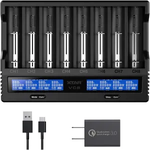 8 Bay18650 Battery Charger,XTAR VC8(VC4 VC4S) USB C 21700 Smart Speedy Charger for Rechargeable Li-ion IMR Ni-MH Ni-Cd AA AAA C 16340 26650 14500 18650 with 18W Adapter