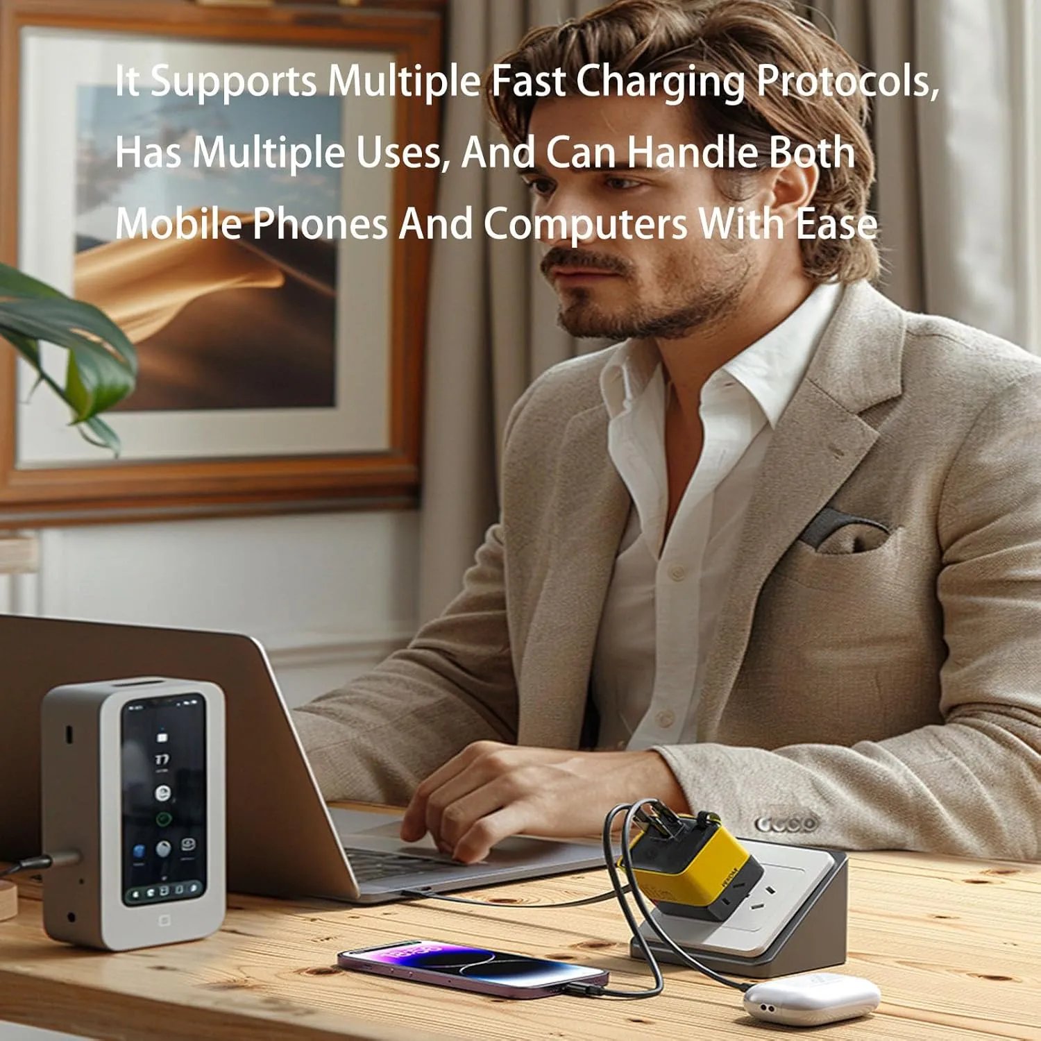 80 Watt Charger, 3 in 1 Gan Charger, Scalable 80w Max Fast Charger Module with Type-C Cable and 2 USB Ports, Retractable 80 Watt All in One Chargers for Phone and Laptops (Green)
