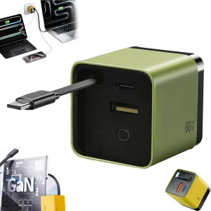 80 Watt Charger, 3 in 1 Gan Charger, Scalable 80w Max Fast Charger Module with Type-C Cable and 2 USB Ports, Retractable 80 Watt All in One Chargers for Phone and Laptops (Green)