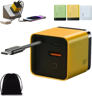 80w Charger Block, Spiritukal/Independent/Colltective/Repertoireof / 3 in 1 Gan Charger, Scalable 80w Max Fast Charger Module with Type-C Cable and 2 USB Ports, for Phone and Laptops (Yellow)