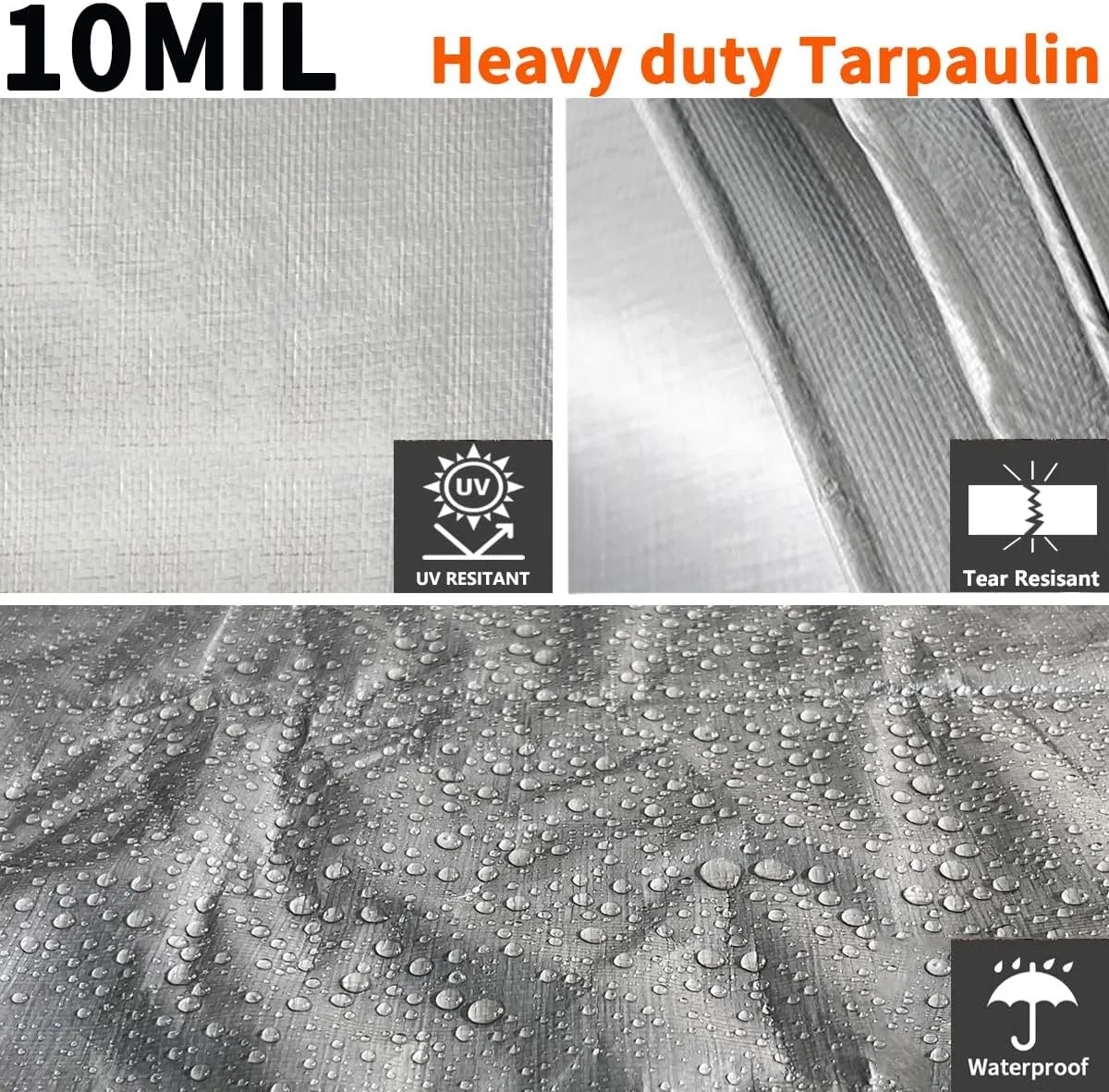 8'x10' Heavy Duty Tarp, 10Mil Silver Waterproof Tarps with Grommets, UV Resistant, Poly Tarpaulin with Reinforced Edges, Cover for Car, Roof, Camping