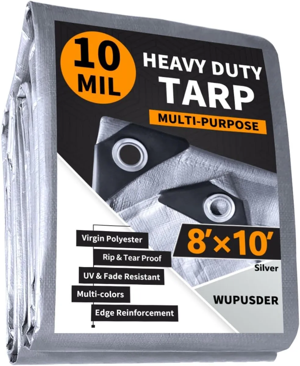 8'x10' Heavy Duty Tarp, 10Mil Silver Waterproof Tarps with Grommets, UV Resistant, Poly Tarpaulin with Reinforced Edges, Cover for Car, Roof, Camping