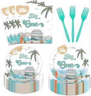 96 Pieces Summer Beach The Big One Tableware Set Boy Surfing First Birthday Decorations Hawaiian 1st Palm Tree Dinner Dessert Paper Plates Napkins Forks Serves 24