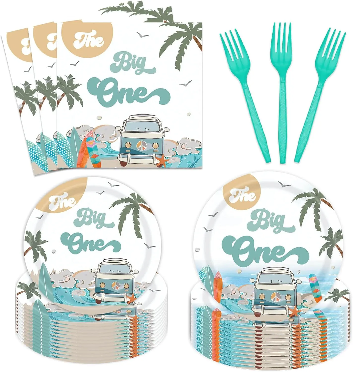 96 Pieces Summer Beach The Big One Tableware Set Boy Surfing First Birthday Decorations Hawaiian 1st Palm Tree Dinner Dessert Paper Plates Napkins Forks Serves 24