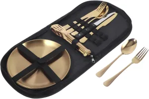 ABOOFAN 1 Set Stainless Steel Camp Tableware with Portable Carrying Case Metal Utensil Kit for Outdoor Dining for Camping Picnics and Travel Adventures