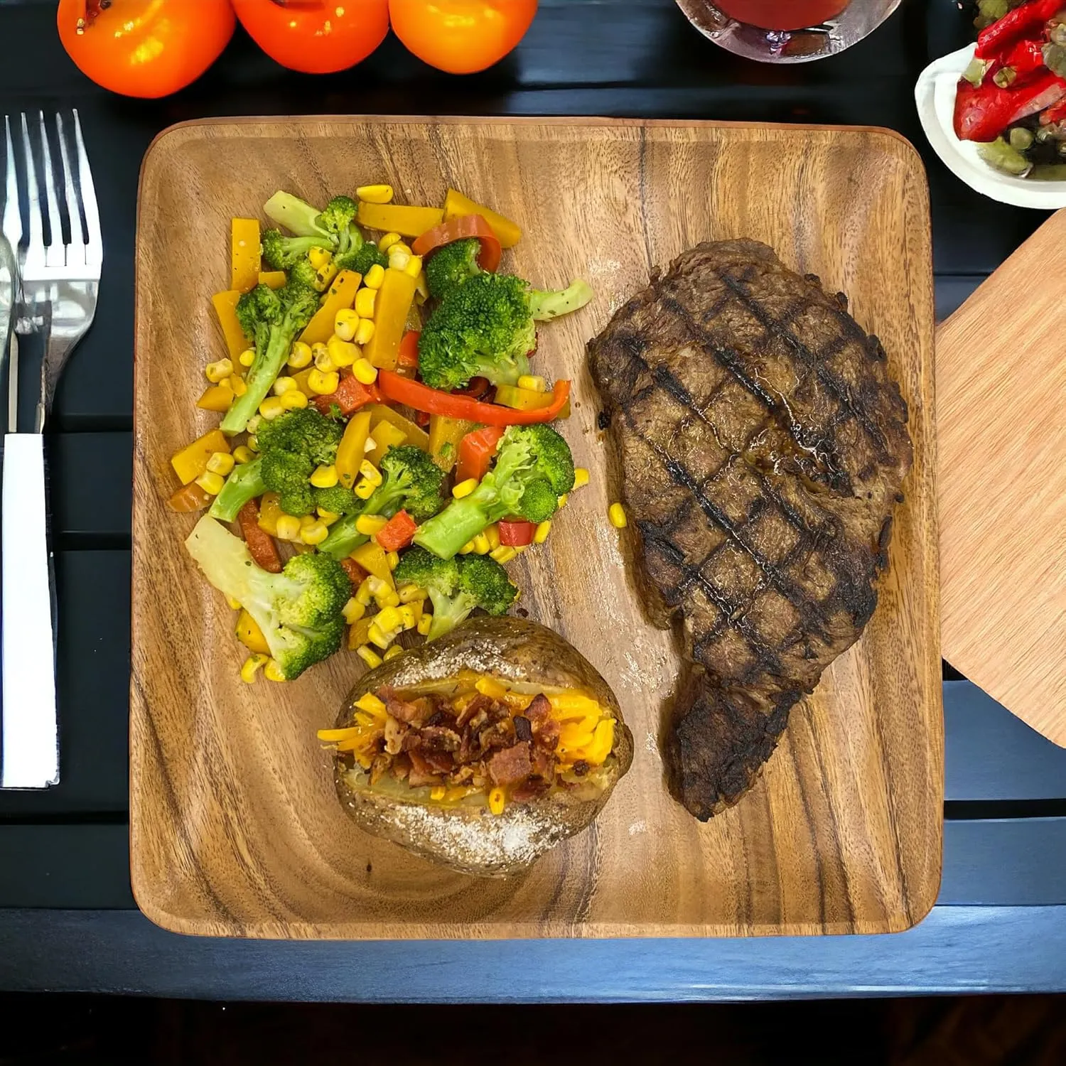 Acacia Wooden Plates – Set of 4, 10 Inch Square Rustic Wood Platters – for Food, Dining, BBQ Parties & Picnics, Durable, Handcrafted to Last, Joint Free, Continuous Beautiful Grains