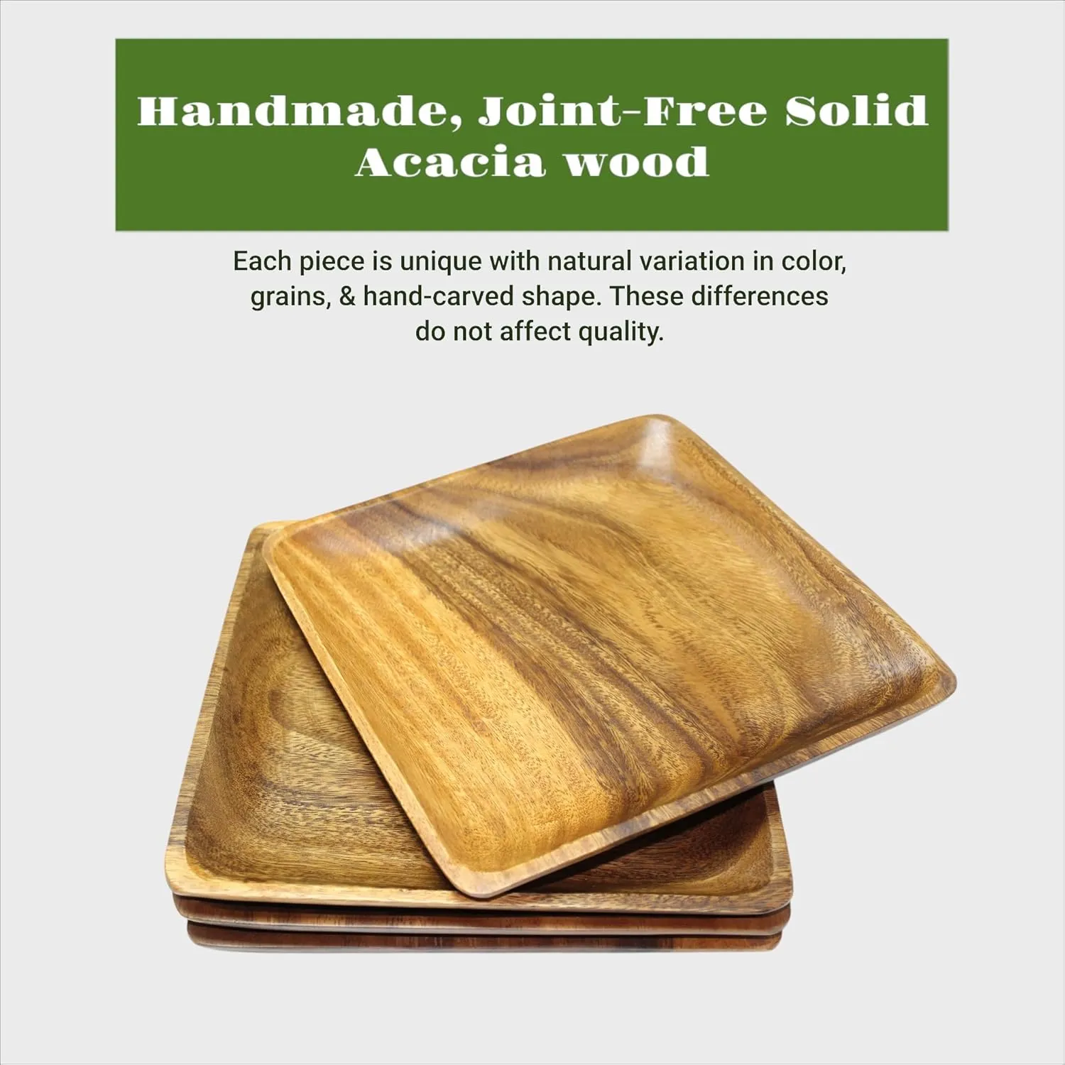 Acacia Wooden Plates – Set of 4, 10 Inch Square Rustic Wood Platters – for Food, Dining, BBQ Parties & Picnics, Durable, Handcrafted to Last, Joint Free, Continuous Beautiful Grains
