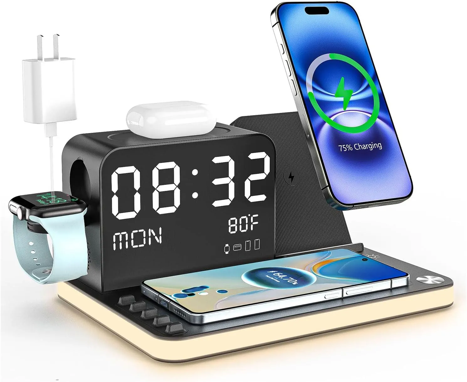 acer 7-in-1 Wireless Charging Station: Charger Stand for Multiple Devices for Apple - iPhone 16 15 14 13 12 Pro Max Apple Watch Airpods, Wireless Charger iPhone Charging Station with Bluetooth TimeSyn