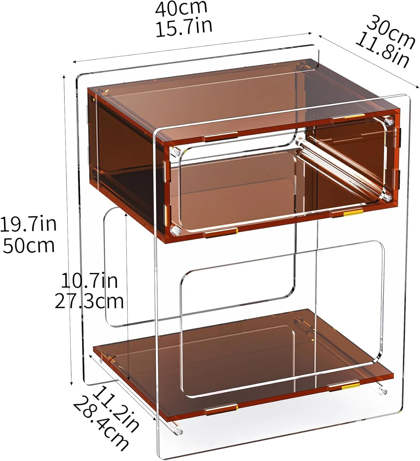 Acrylic Side Table for Living Room, Acrylic Nightstand for Bedroom, L-Series, 15.7'' x 11.8'' × 19.7'' inches (Dark Brown)