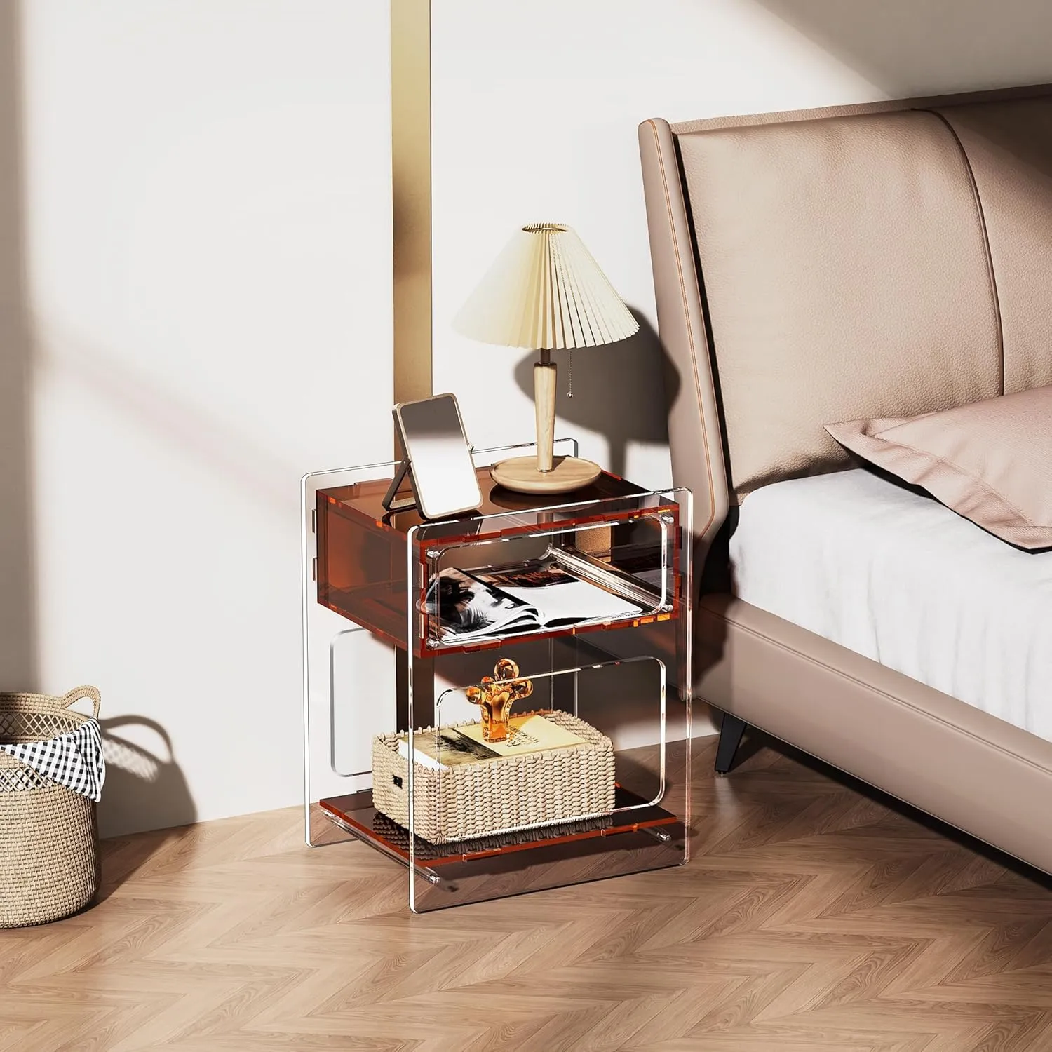 Acrylic Side Table for Living Room, Acrylic Nightstand for Bedroom, L-Series, 15.7'' x 11.8'' × 19.7'' inches (Dark Brown)