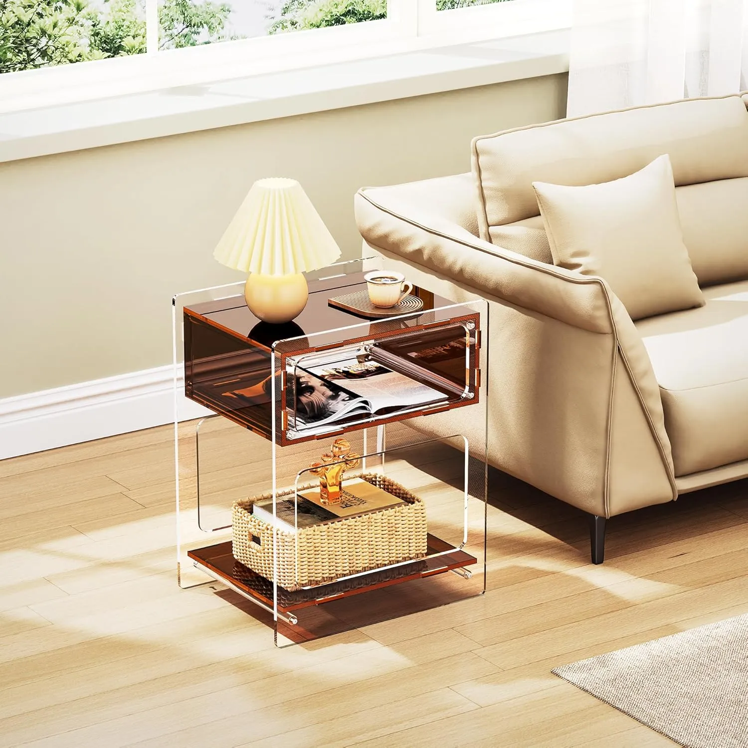 Acrylic Side Table for Living Room, Acrylic Nightstand for Bedroom, L-Series, 15.7'' x 11.8'' × 19.7'' inches (Dark Brown)