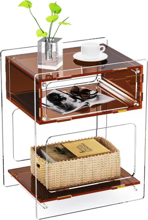 Acrylic Side Table for Living Room, Acrylic Nightstand for Bedroom, L-Series, 15.7'' x 11.8'' × 19.7'' inches (Dark Brown)