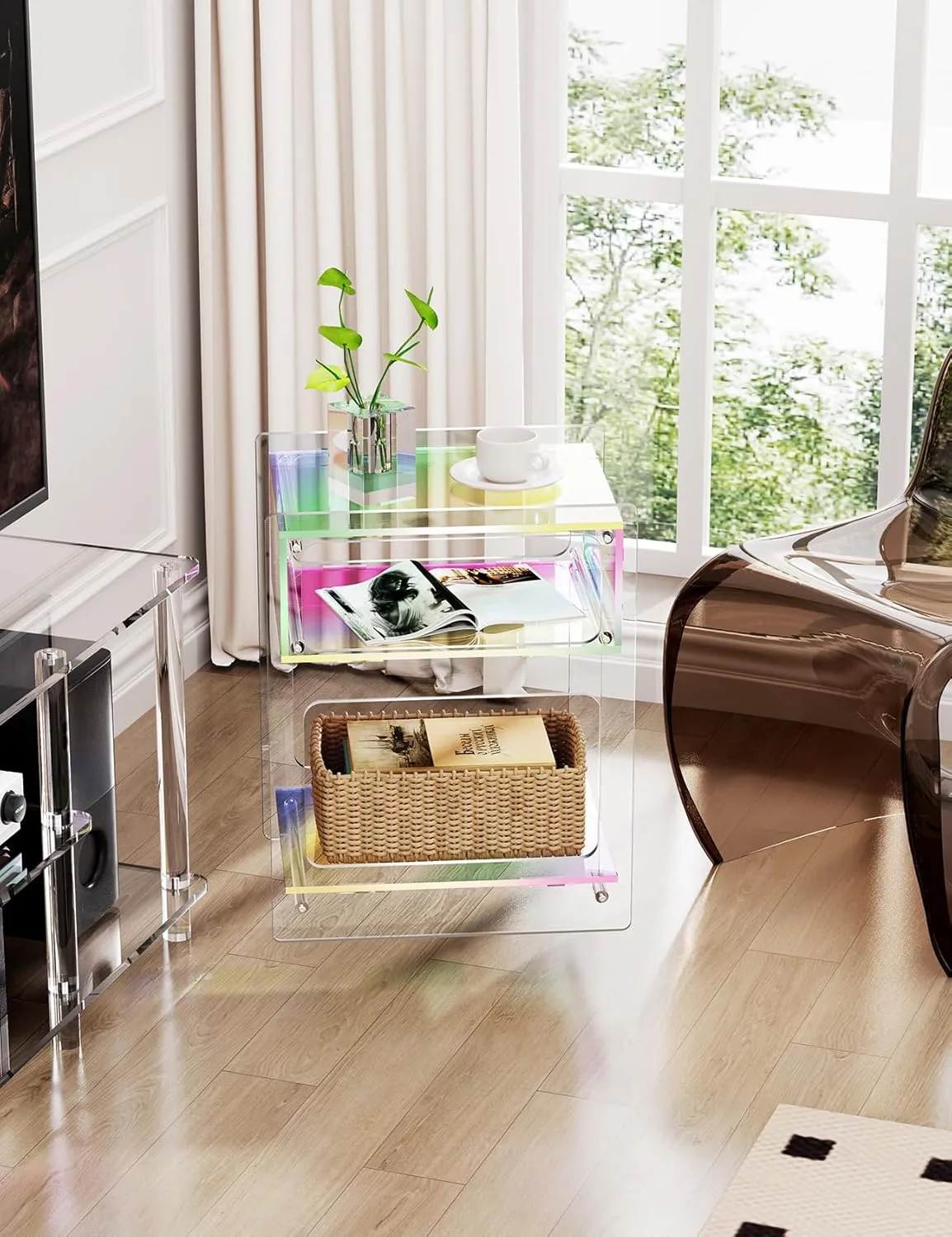 Acrylic Side Table for Living Room, Acrylic Nightstand for Bedroom, L-Series, 15.7'' x 11.8'' × 19.7'' inches (Iridescent)