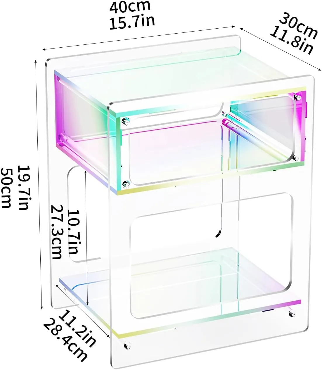 Acrylic Side Table for Living Room, Acrylic Nightstand for Bedroom, L-Series, 15.7'' x 11.8'' × 19.7'' inches (Iridescent)