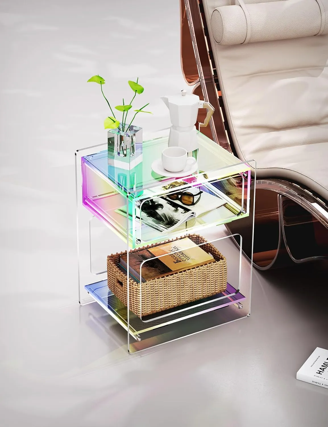 Acrylic Side Table for Living Room, Acrylic Nightstand for Bedroom, L-Series, 15.7'' x 11.8'' × 19.7'' inches (Iridescent)