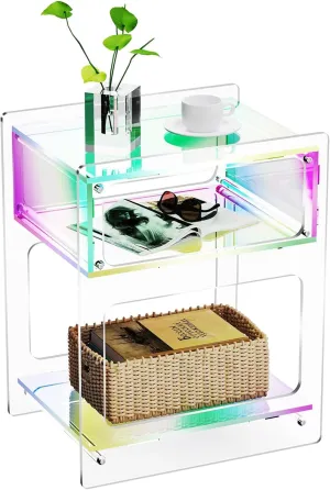 Acrylic Side Table for Living Room, Acrylic Nightstand for Bedroom, L-Series, 15.7'' x 11.8'' × 19.7'' inches (Iridescent)