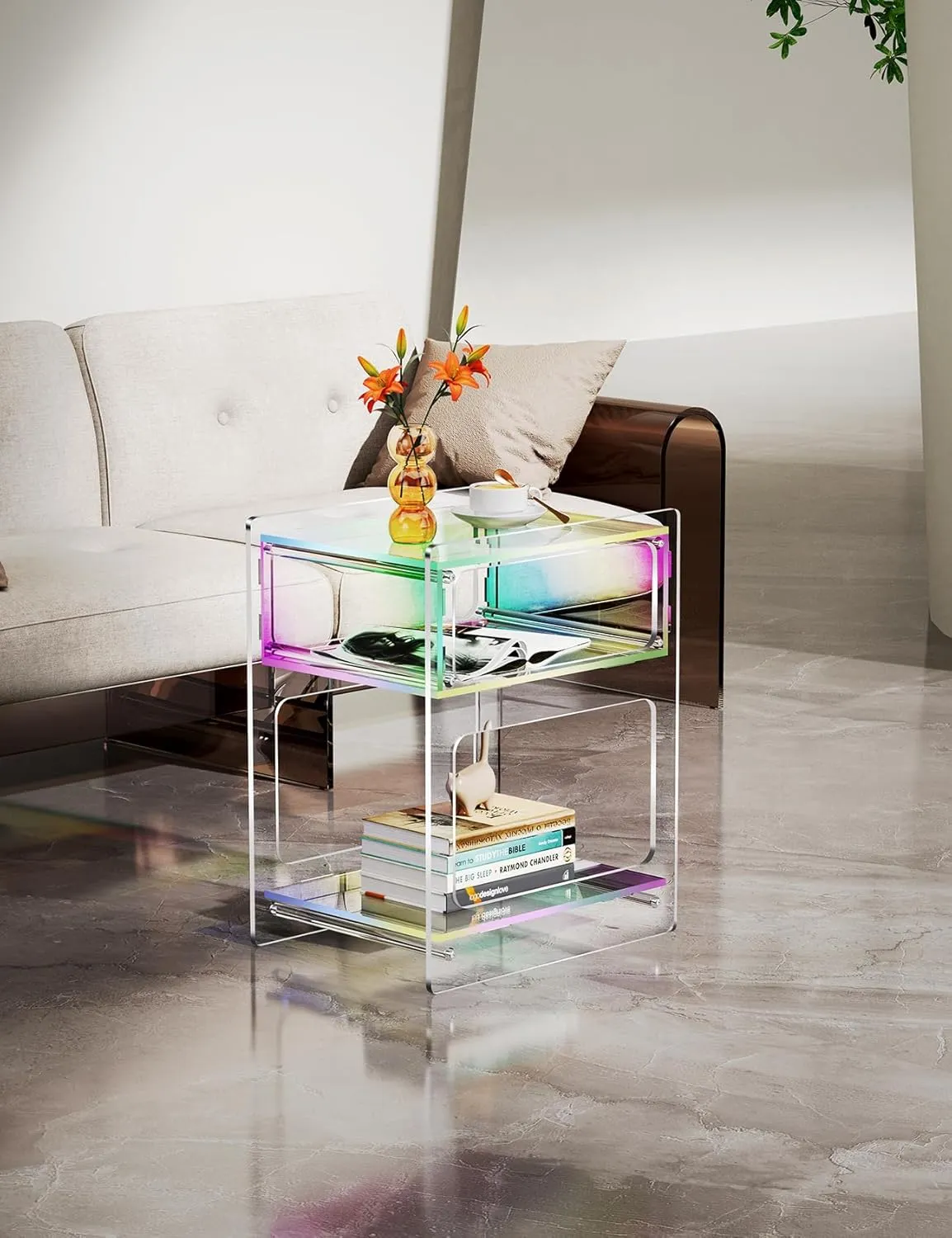 Acrylic Side Table for Living Room, Acrylic Nightstand for Bedroom, L-Series, 15.7'' x 11.8'' × 19.7'' inches (Iridescent)