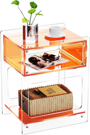Acrylic Side Table for Living Room, Acrylic Nightstand for Bedroom, L-Series, 15.7'' x 11.8'' × 19.7'' inches (Orange)